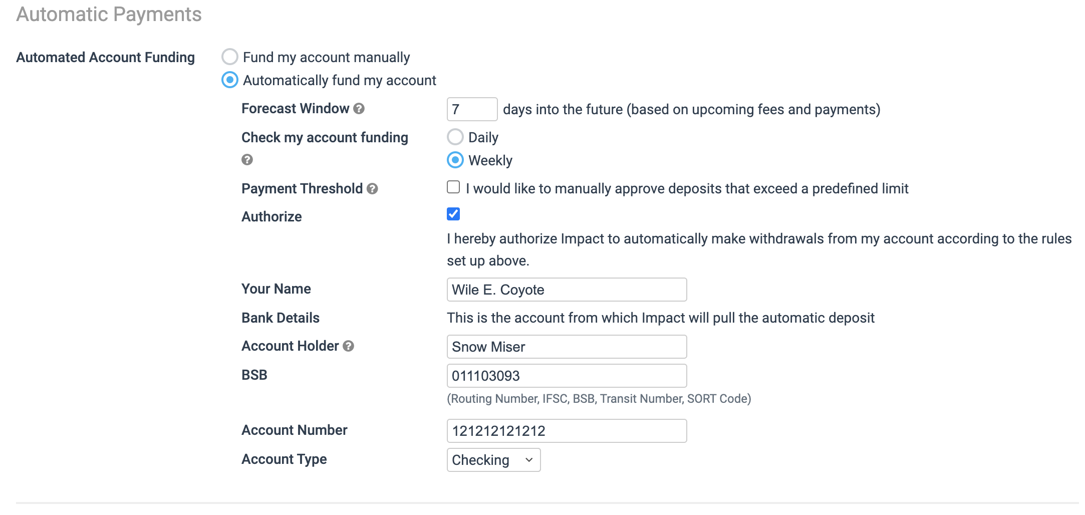 Automatic Payments example