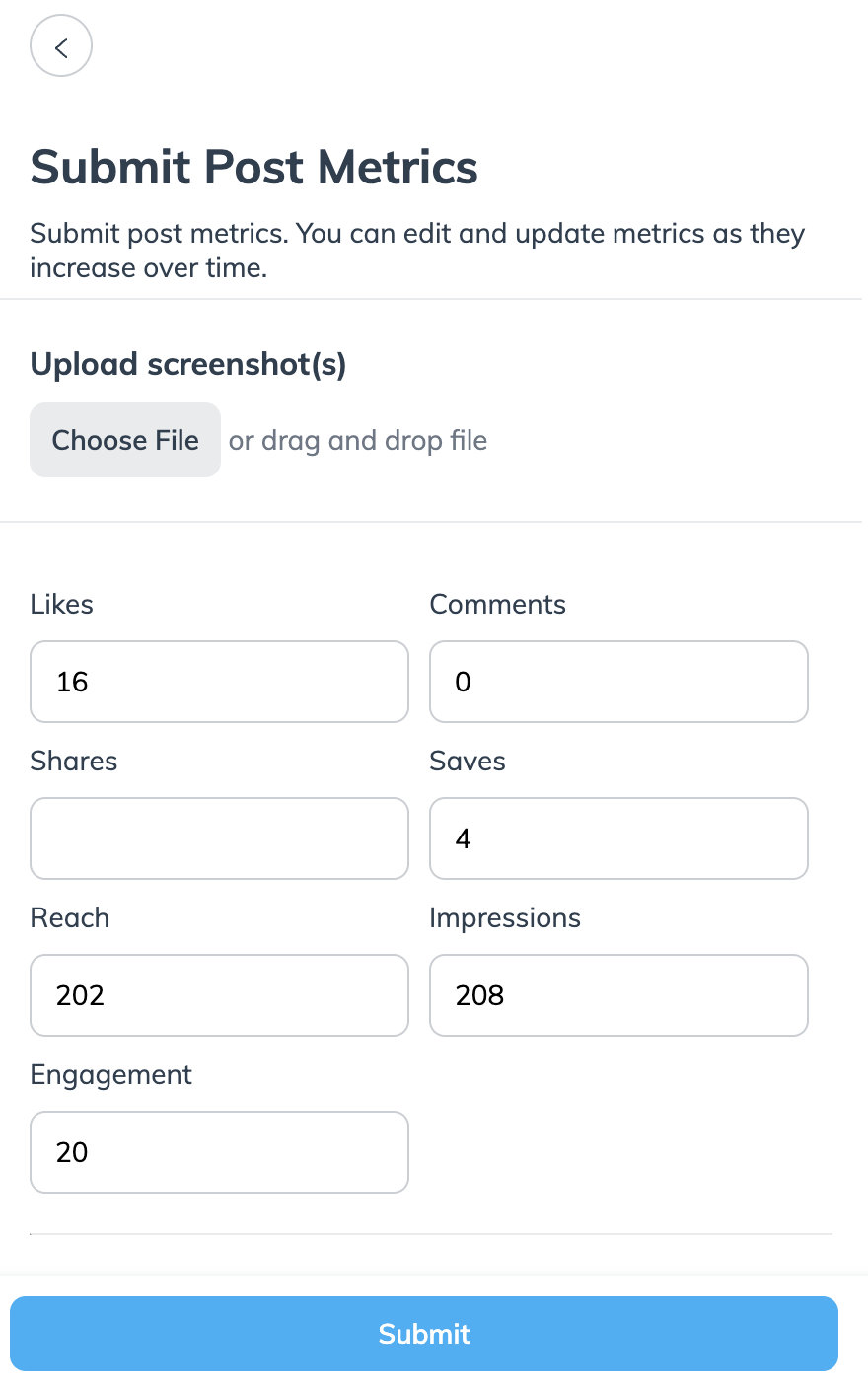 Submit Post Metrics modal for partners. showing the option to upload a screenshot of your metrics.